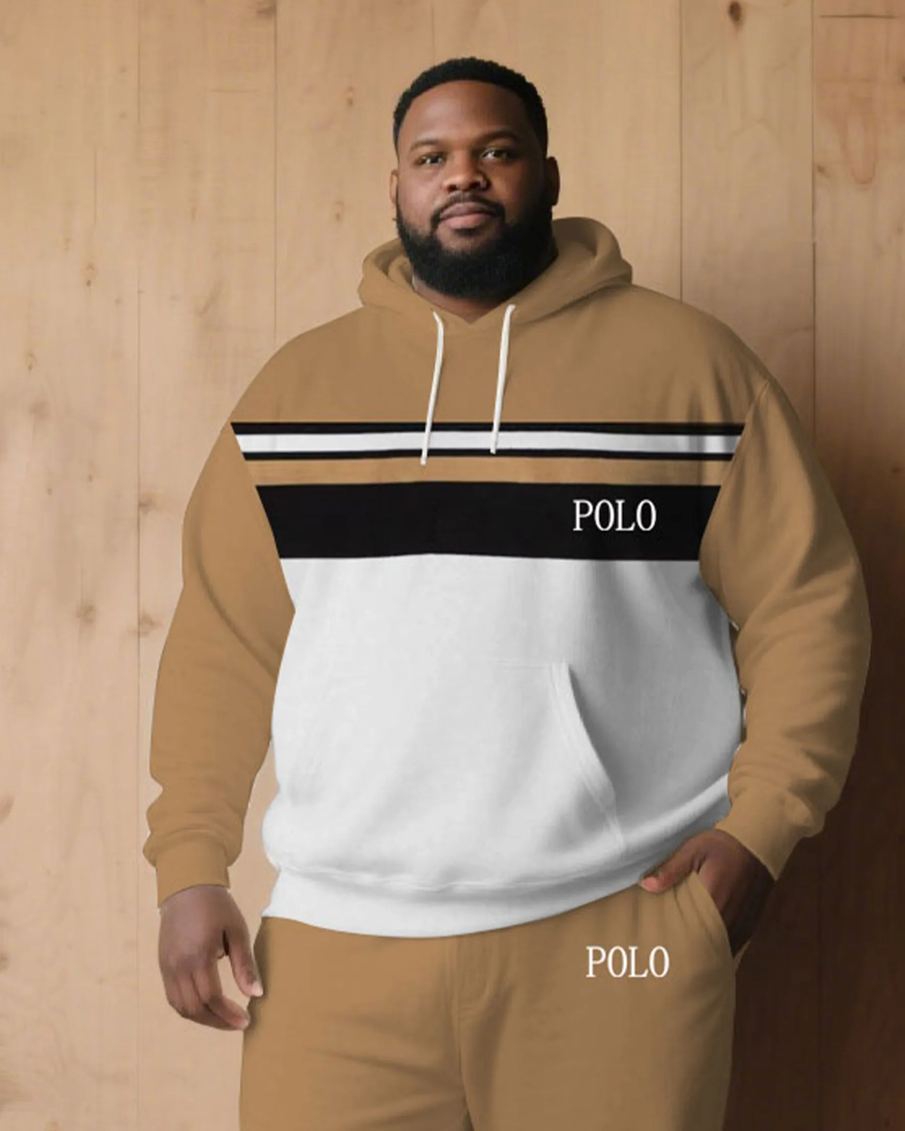 Large Size Men's Autumn And Winter Warm Cold-proof Khaki & White & Black Color Sleeves Chest Small Label Printed Hoodie Sweatpants Set sold by Biggmans product image thumbnail 4