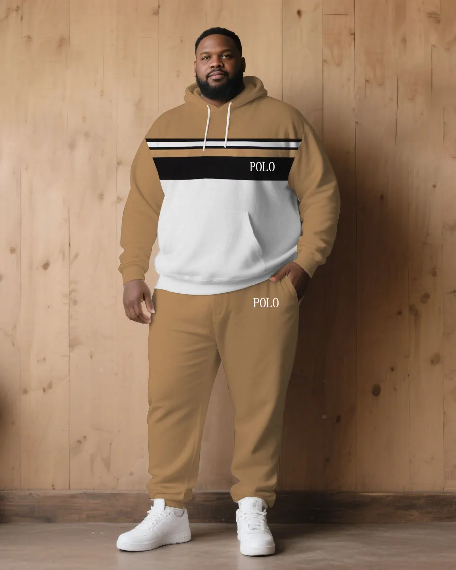 Large Size Men's Autumn And Winter Warm Cold-proof Khaki & White & Black Color Sleeves Chest Small Label Printed Hoodie Sweatpants Set sold by Biggmans product image thumbnail 2