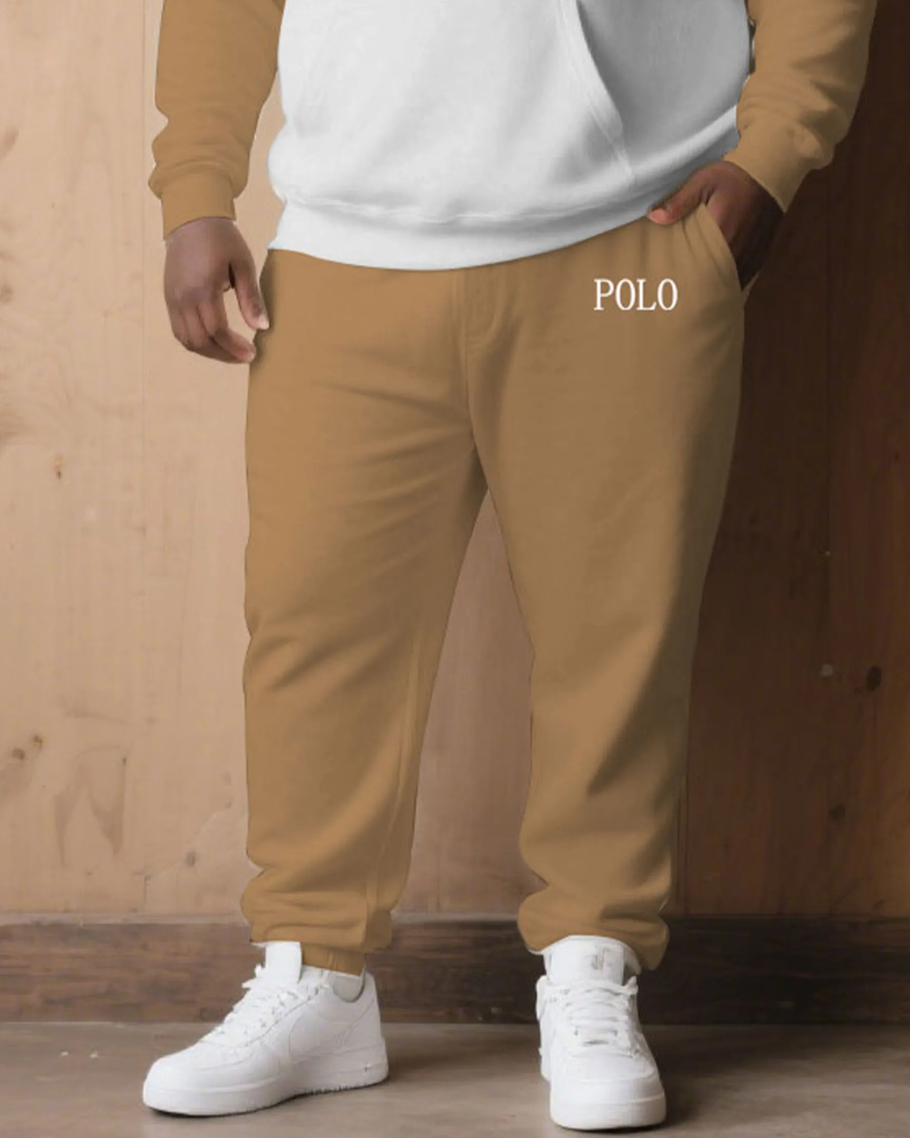 Large Size Men's Autumn And Winter Warm Cold-proof Khaki & White & Black Color Sleeves Chest Small Label Printed Hoodie Sweatpants Set sold by Biggmans product image thumbnail 5