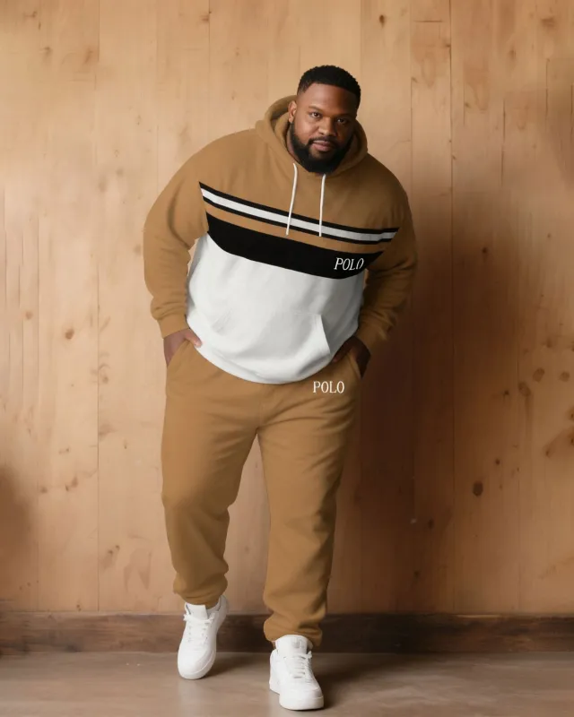 Large Size Men's Autumn And Winter Warm Cold-proof Khaki & White & Black Color Sleeves Chest Small Label Printed Hoodie Sweatpants Set sold by Biggmans