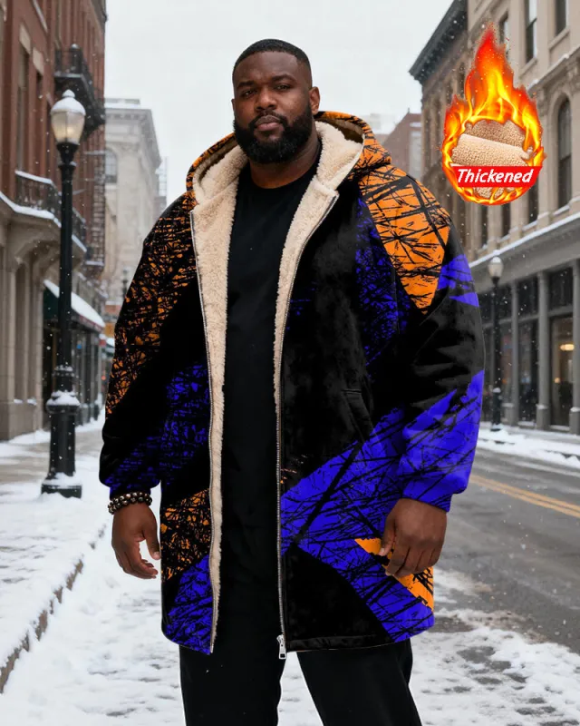 Big & Tall Men's Black And Purple Graffiti Printed Velvet Padded Long Hooded Coat sold by Biggmans