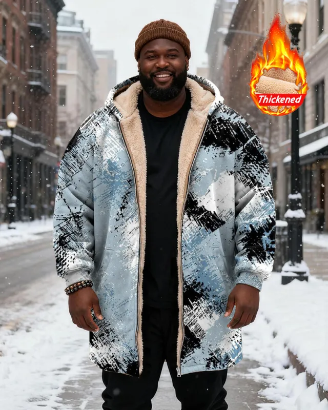 Big & Tall Men's Blue Graffiti Print Velvet Thickened Long Hooded Coat sold by Biggmans