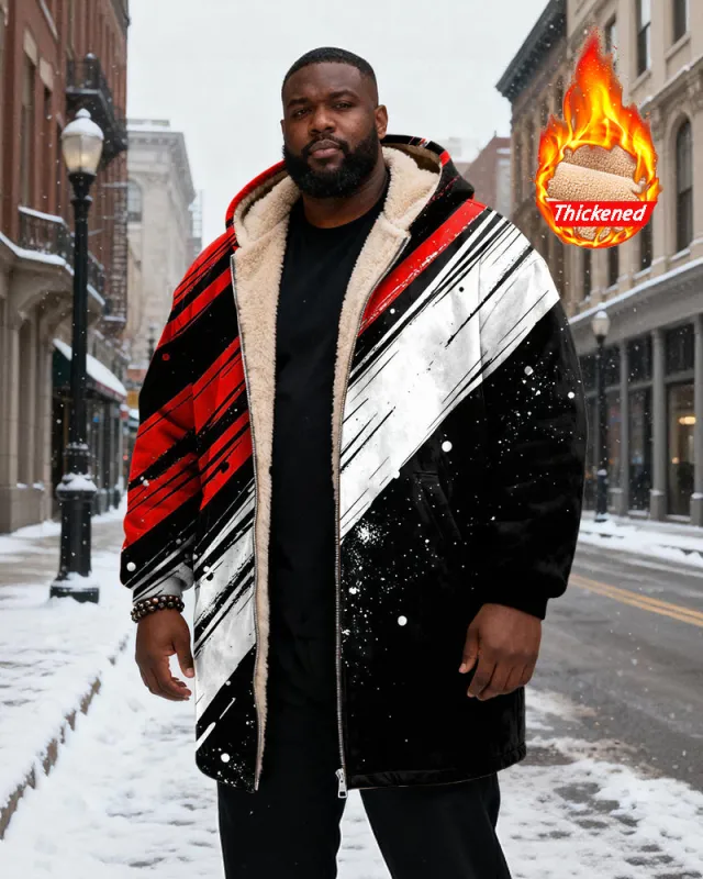 Big & Tall Men's Black And Red Brush Color Matching Printed Velvet Padded Long Hooded Coat sold by Biggmans