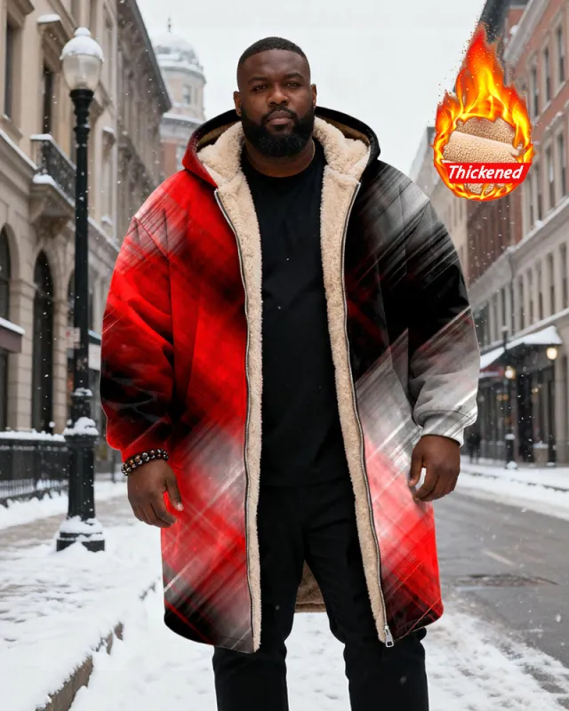 Big & Tall Men's Black And Red Gradient Geometric Printed Velvet Padded Long Hooded Coat sold by Biggmans
