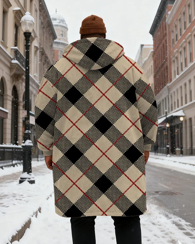 Big & Tall Men's Black Khaka Plaid Printed Velvet Padded Long Hooded Coat sold by Biggmans product image thumbnail 3