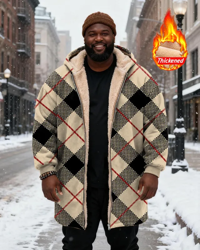 Big & Tall Men's Black Khaka Plaid Printed Velvet Padded Long Hooded Coat sold by Biggmans