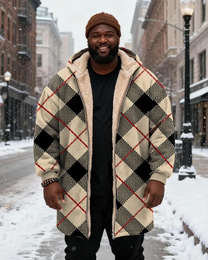 Big & Tall Men's Black Khaka Plaid Printed Velvet Padded Long Hooded Coat sold by Biggmans product image thumbnail 2