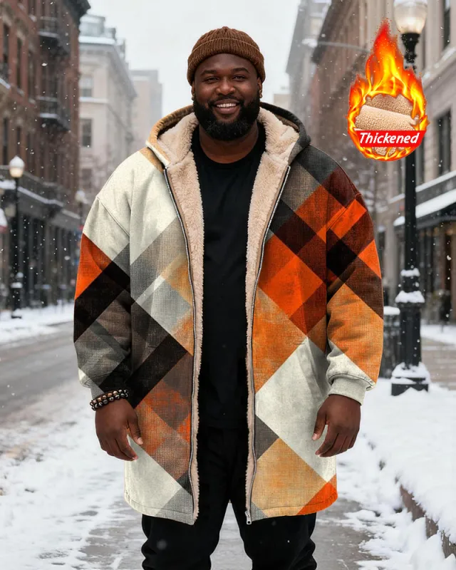 Big & Tall Men's Orange Plaid Printed Velvet Padded Long Hooded Coat sold by Biggmans