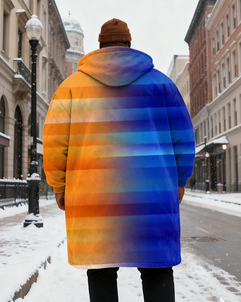 Big & Tall Men's Orange Blue Stripe Gradient Printed Velvet Thickened Long Hooded Coat sold by Biggmans product image thumbnail 3