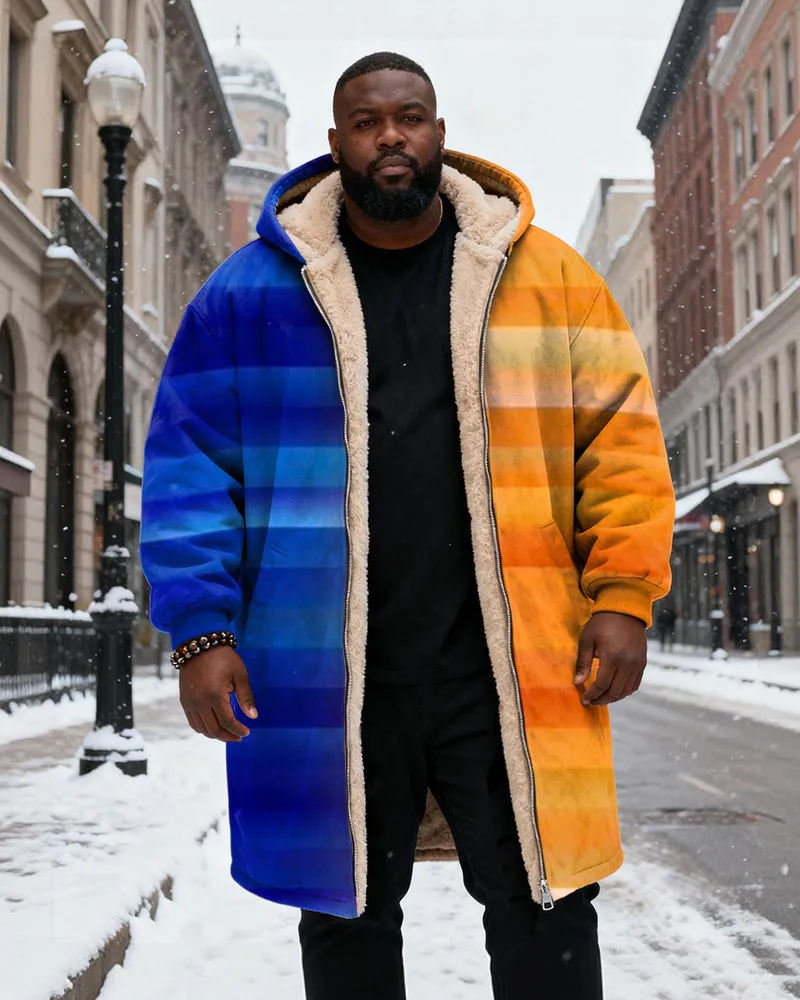 Big & Tall Men's Orange Blue Stripe Gradient Printed Velvet Thickened Long Hooded Coat sold by Biggmans product image thumbnail 2
