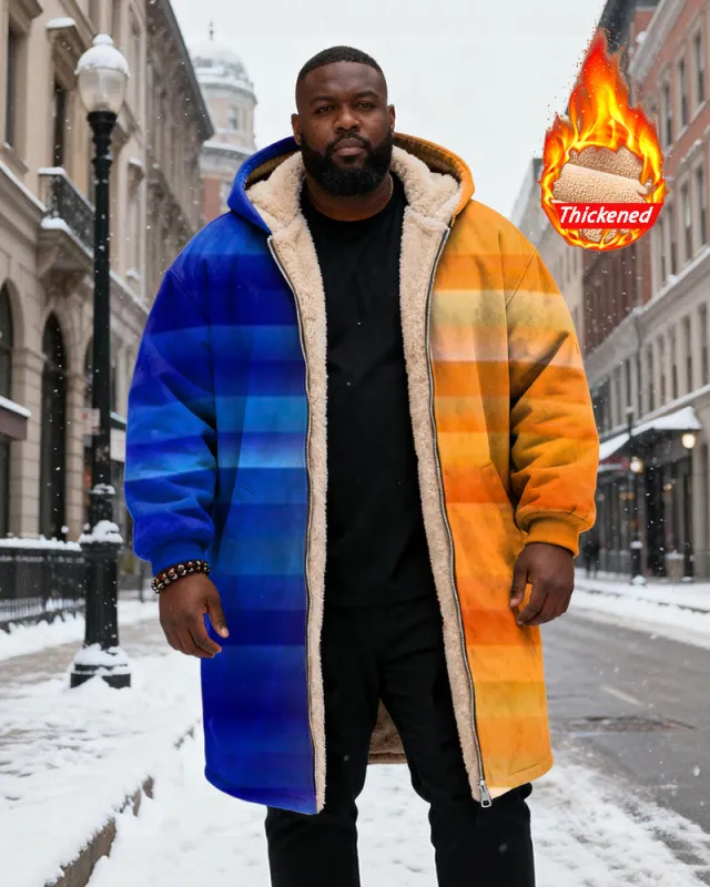 Big & Tall Men's Orange Blue Stripe Gradient Printed Velvet Thickened Long Hooded Coat sold by Biggmans