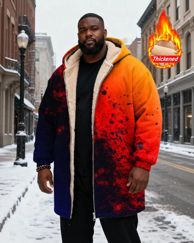 Big & Tall Men's Orange Graffiti Gradient Print Velvet Thickened Long Hooded Coat sold by Biggmans