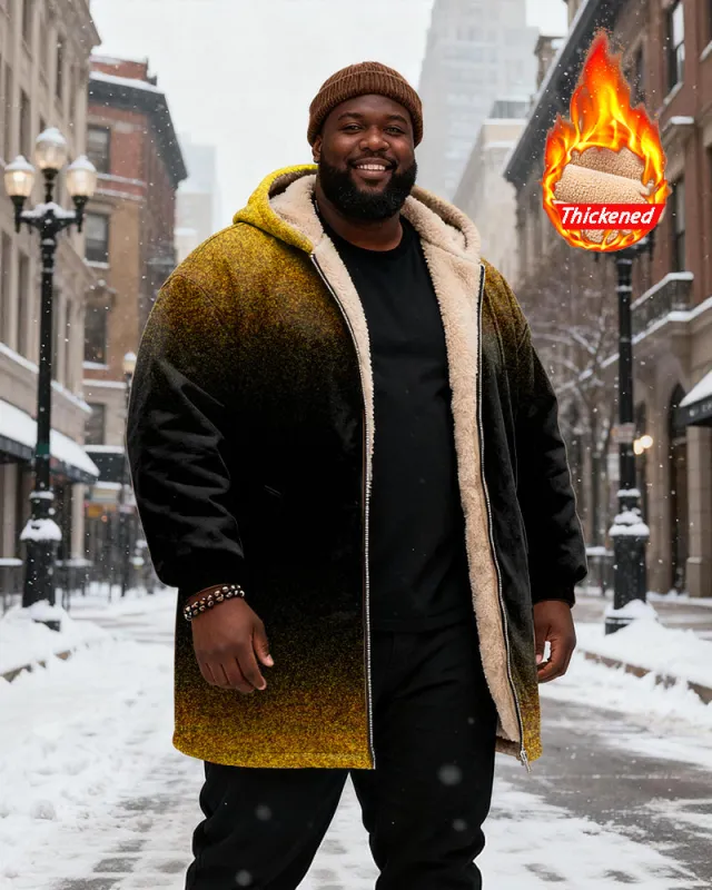 Big & Tall Men's Black And Yellow Grain Gradient Printing Velvet Padded Long Hooded Coat sold by Biggmans