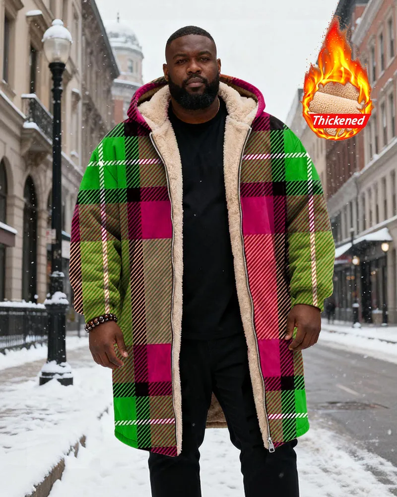 Big & Tall Men's Green Pink Plaid Printed Velvet Thickened Long Hooded Coat sold by Biggmans