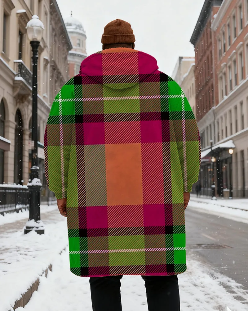 Big & Tall Men's Green Pink Plaid Printed Velvet Thickened Long Hooded Coat sold by Biggmans product image thumbnail 3