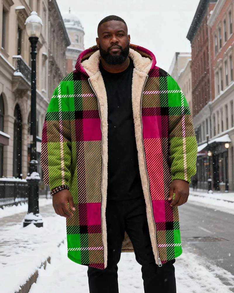 Big & Tall Men's Green Pink Plaid Printed Velvet Thickened Long Hooded Coat sold by Biggmans product image thumbnail 2