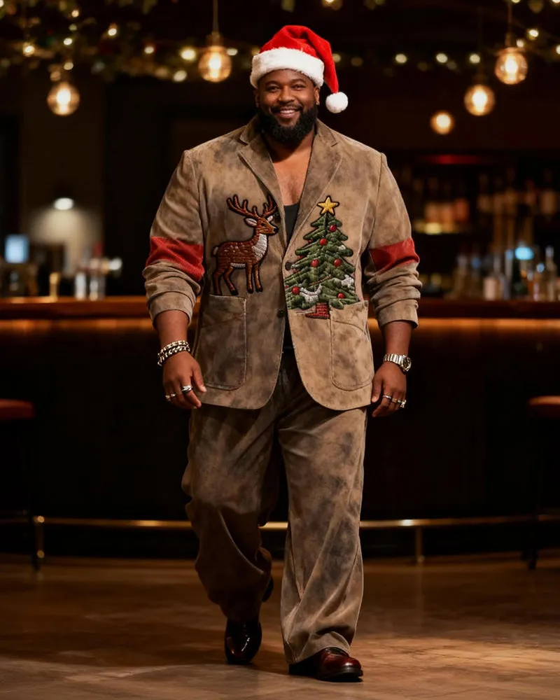 Big & Tall Men's Christmas Vintage Elk And Christmas Tree Print Suit sold by Biggmans