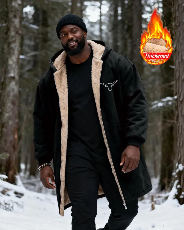 Big & Tall Men's Hunting Style Bull Totem Print Velvet Thickened Long Hooded Coat sold by Biggmans