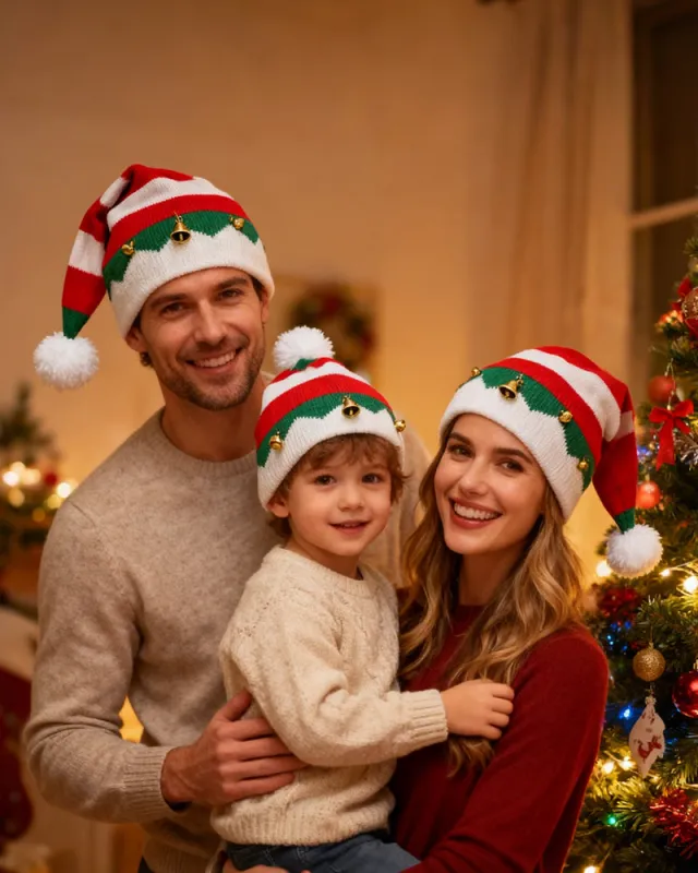 Autumn And Winter Classic Red And White Green Color Matching Elves Christmas Hat Knitted Parent Hat Gift sold by Biggmans