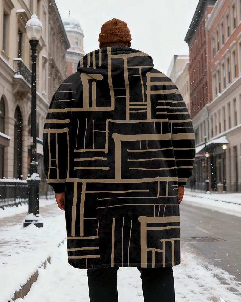 Big & Tall Men's Simple Line Maze Pattern Printed Velvet Thickened Long Hooded Coat sold by Biggmans product image thumbnail 3