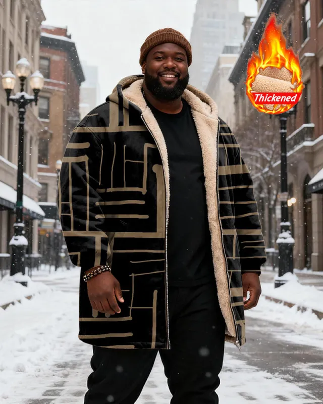 Big & Tall Men's Simple Line Maze Pattern Printed Velvet Thickened Long Hooded Coat sold by Biggmans