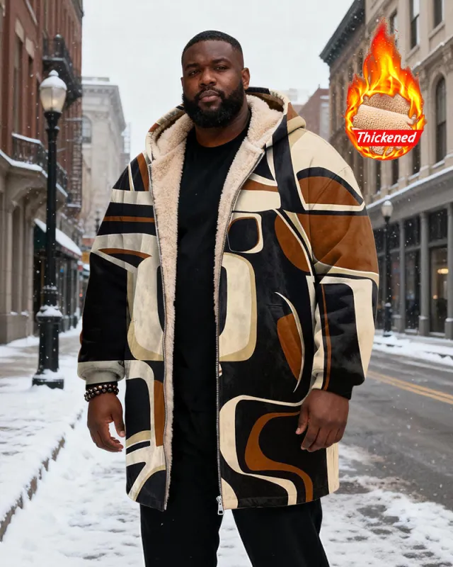 Big & Tall Men's Abstract Geometric Art Printed Velvet Thickened Long Hooded Coat sold by Biggmans