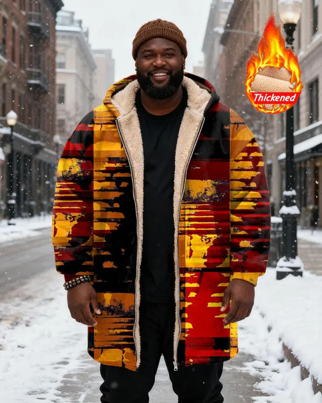 Big & Tall Men's Red And Yellow Contrast Abstract Graffiti Printed Velvet Thickened Long Hooded Coat sold by Biggmans
