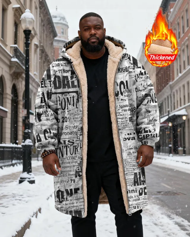 Big & Tall Men's Newspaper Graffiti Print Velvet Thickened Long Hooded Coat sold by Biggmans