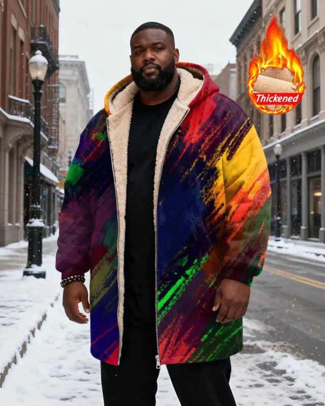 Big & Tall Men's Rainbow Graffiti Print Velvet Thickened Long Hooded Coat sold by Biggmans