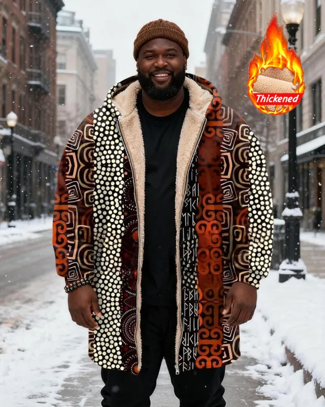 Big & Tall Men's Tribal Geometric Pattern Printed Velvet Thickened Long Hooded Coat sold by Biggmans