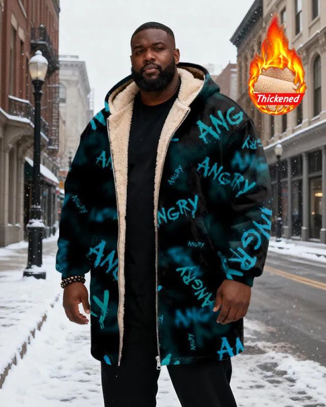 Big & Tall Men's Diablo "ANGRY" Graffiti Print Velvet Thickened Long Hooded Coat sold by Biggmans