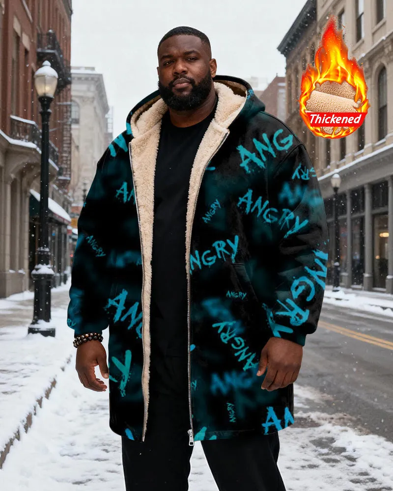 Big & Tall Men's Diablo "ANGRY" Graffiti Print Velvet Thickened Long Hooded Coat sold by Biggmans