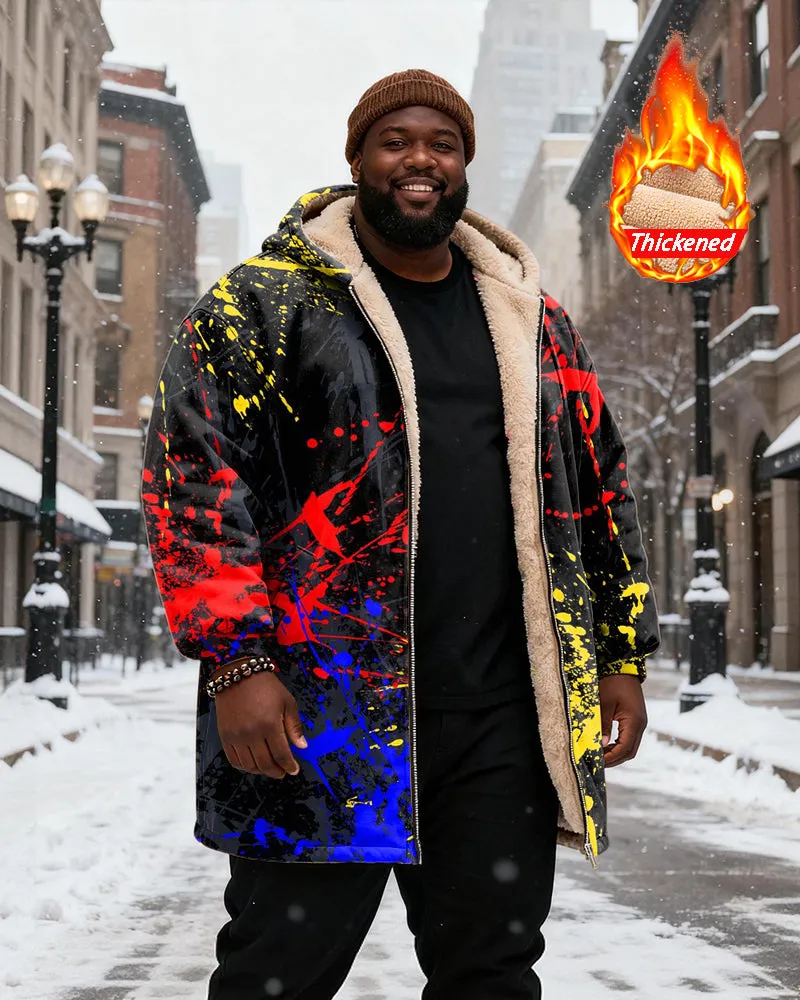 Big & Tall Men's Splash Ink Graffiti Printed Velvet Padded Long Hooded Coat sold by Biggmans