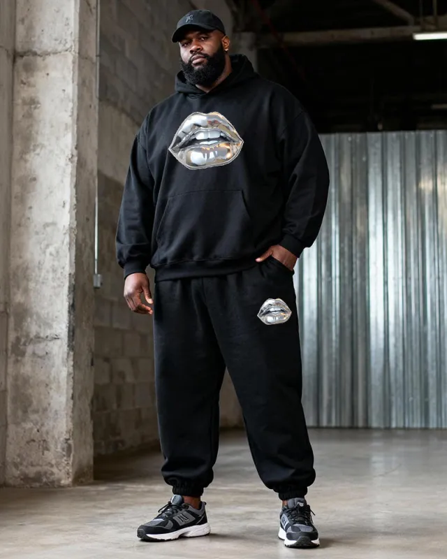 Big & Tall Men's Black Metallic Lip-Print Hoodie Set sold by Biggmans