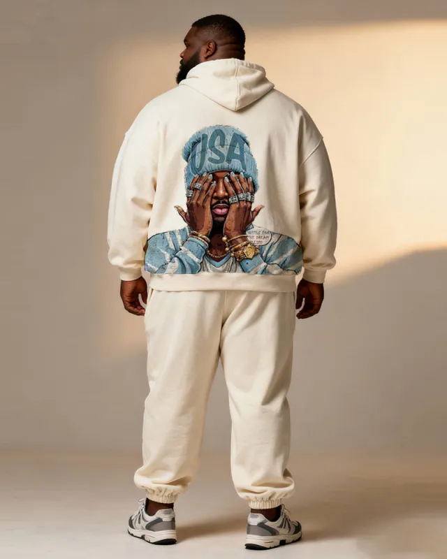 Big & Tall Men's Off-White Blue "USA" Hat Ornament Cartoon Printed Hoodie Set sold by Biggmans
