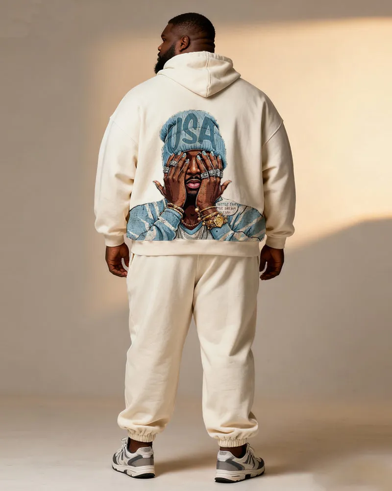 Big & Tall Men's Off-White Blue "USA" Hat Ornament Cartoon Printed Hoodie Set sold by Biggmans