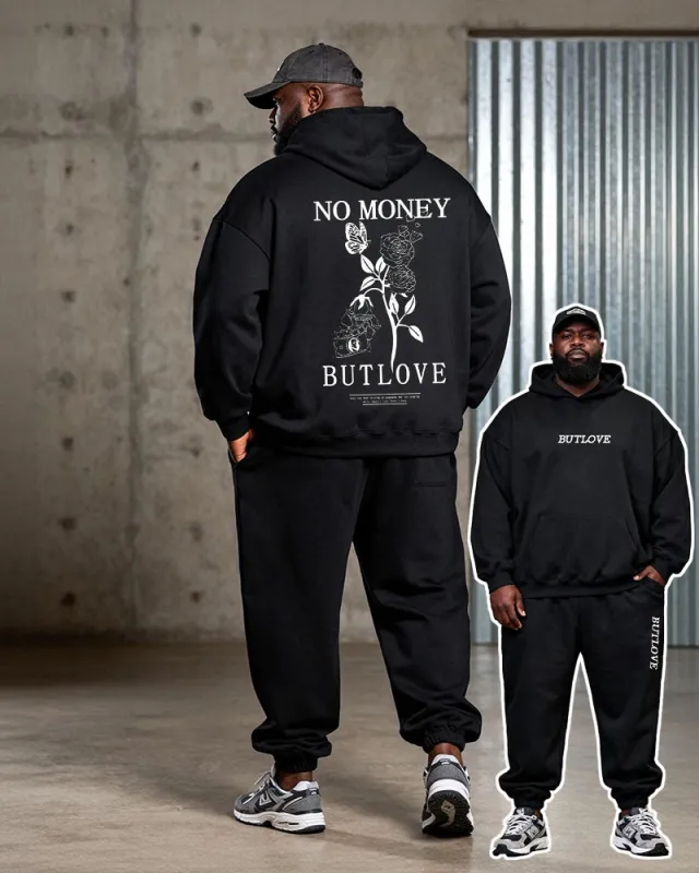 Big & Tall Men's Black "NO MONEY BUT LOVE" Floral Butterfly Print Hoodie Set sold by Biggmans