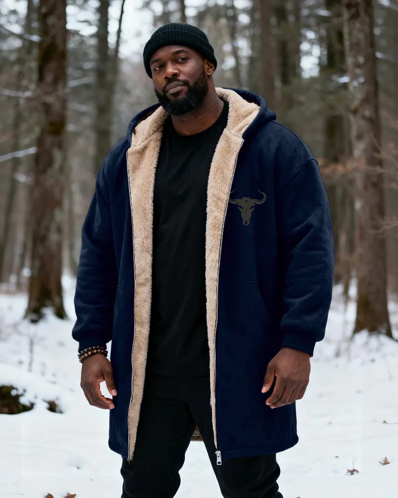 Big & Tall Men's Hunting Style Bull Totem Print Velvet Thickened Long Hooded Coat sold by Biggmans product image thumbnail 4
