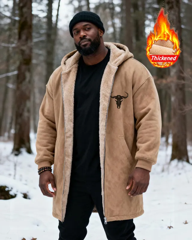 Big & Tall Men's Hunting Style Bull Totem Print Velvet Thickened Long Hooded Coat sold by Biggmans