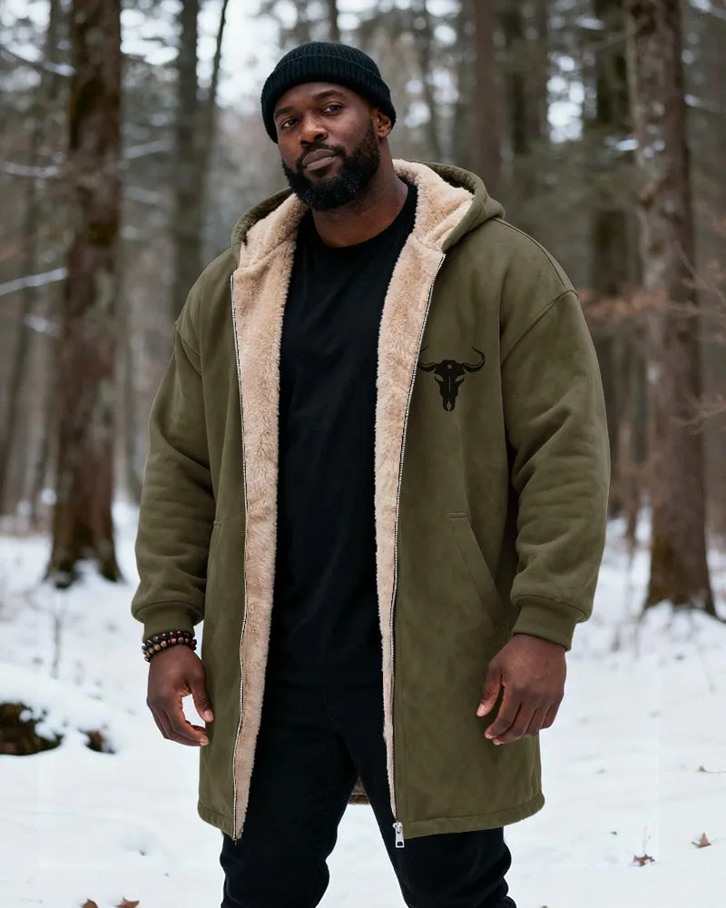 Big & Tall Men's Hunting Style Bull Totem Print Velvet Thickened Long Hooded Coat sold by Biggmans product image thumbnail 5