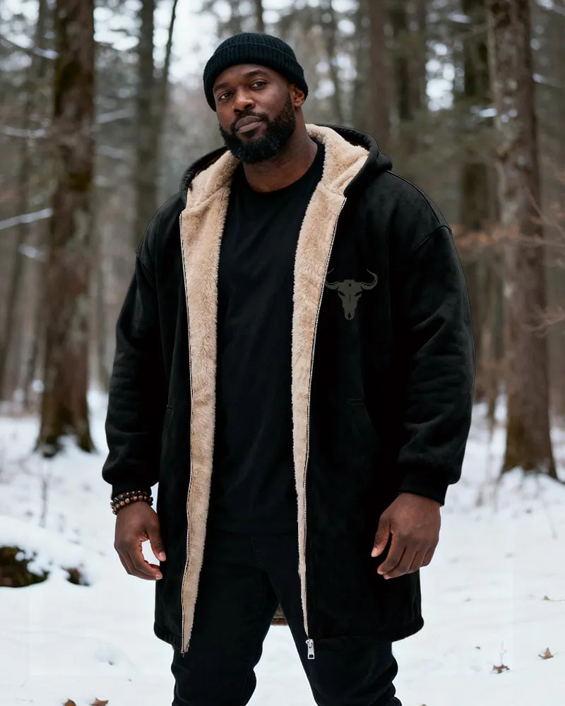Big & Tall Men's Hunting Style Bull Totem Print Velvet Thickened Long Hooded Coat sold by Biggmans product image thumbnail 3
