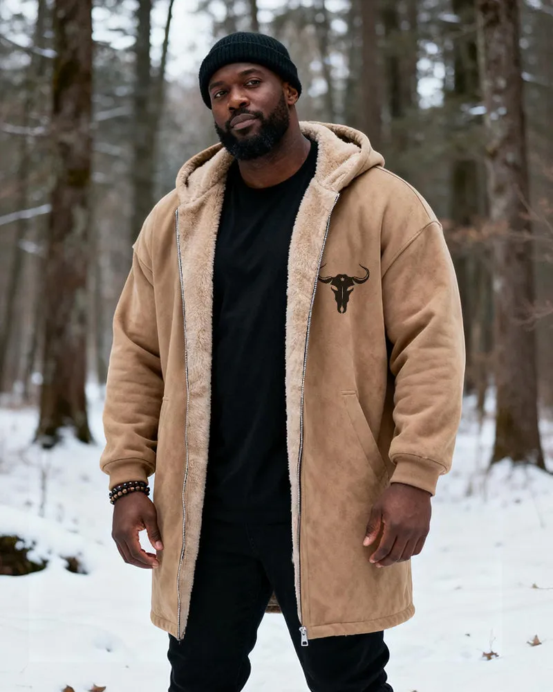 Big & Tall Men's Hunting Style Bull Totem Print Velvet Thickened Long Hooded Coat sold by Biggmans product image thumbnail 2