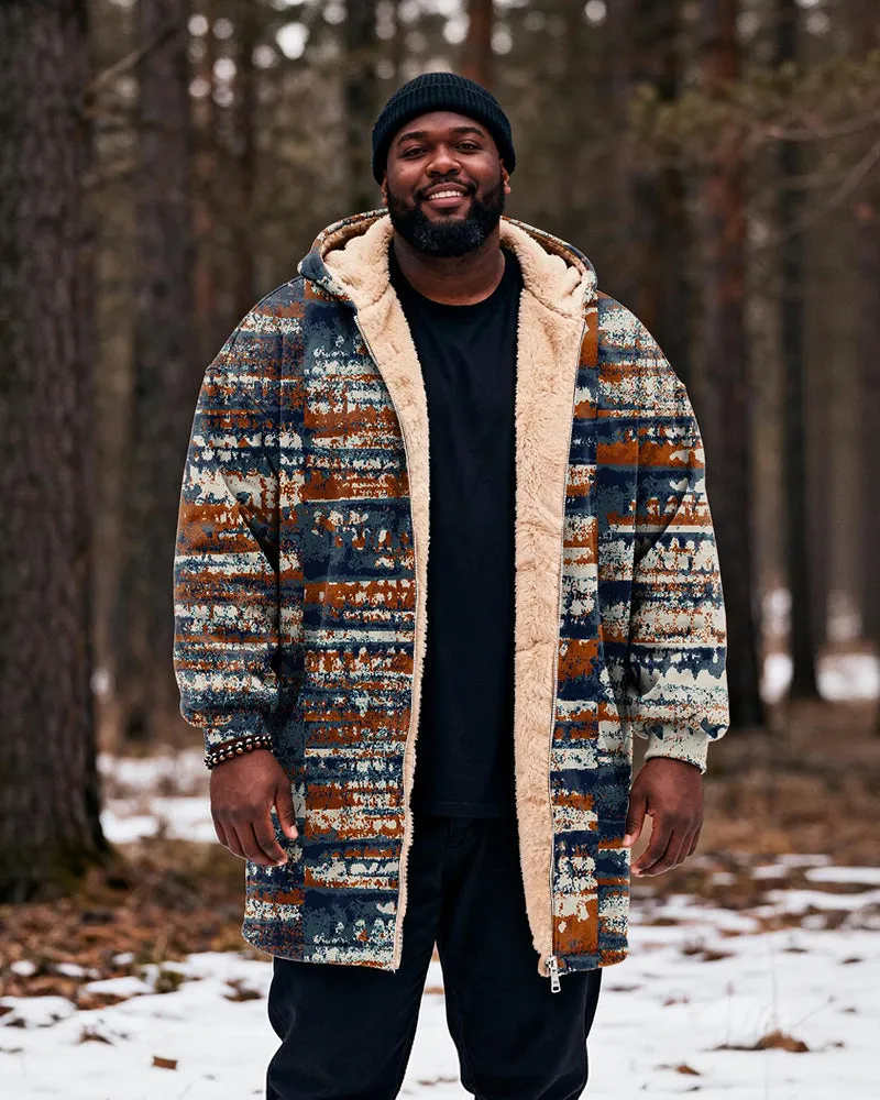 Big & Tall Men's Vintage Distressed Striped Printed Velvet Padded Long Hooded Coat sold by Biggmans product image thumbnail 2