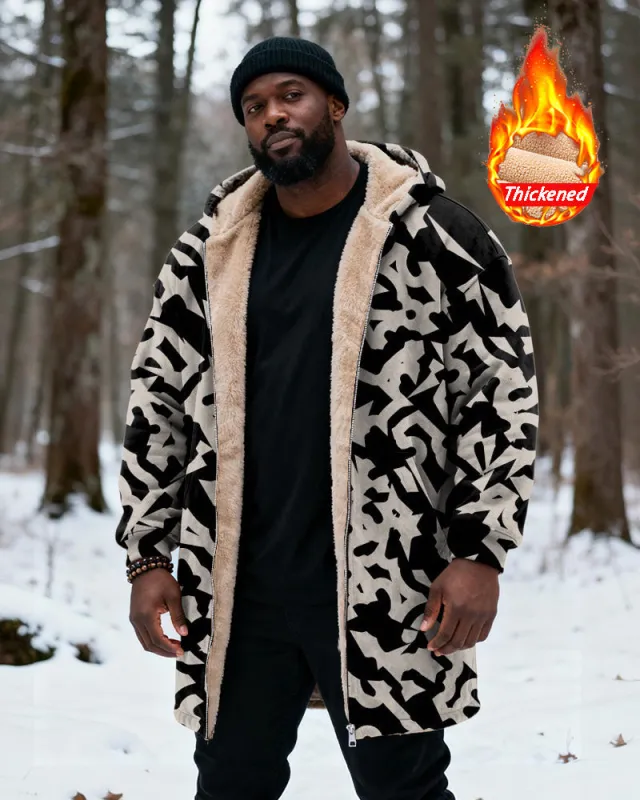 Big & Tall Men's Vintage Black And White Geometric Camouflage Printed Velvet Thickened Long Hooded Coat sold by Biggmans
