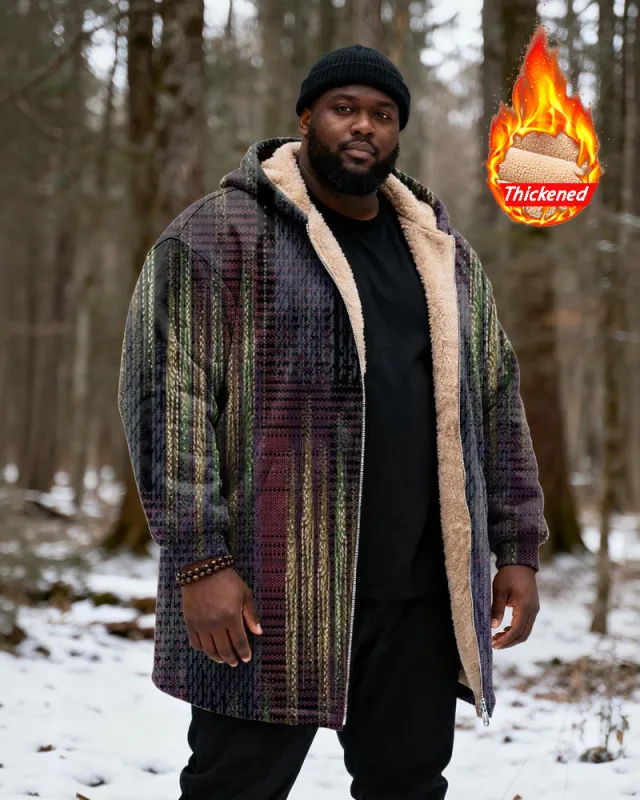 Big & Tall Men's Vintage Color Plaid Printed Velvet Thickened Long Hooded Coat sold by Biggmans