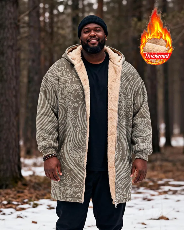 Big & Tall Men's Retro Japanese Wave Pattern Printed Velvet Padded Long Hooded Coat sold by Biggmans