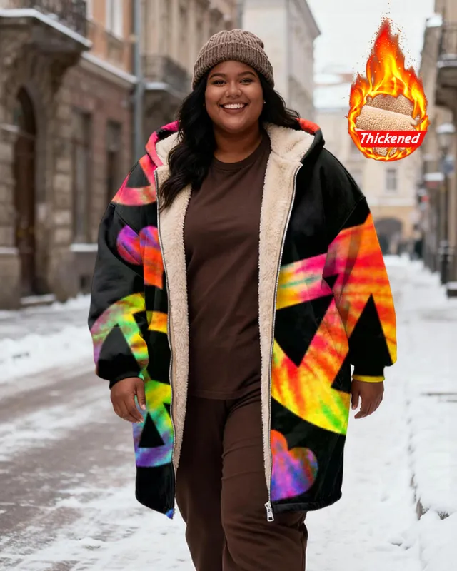 Women's Tie-Dye Love Peace Print Velvet Thickened Long Hooded Coat sold by Biggmans