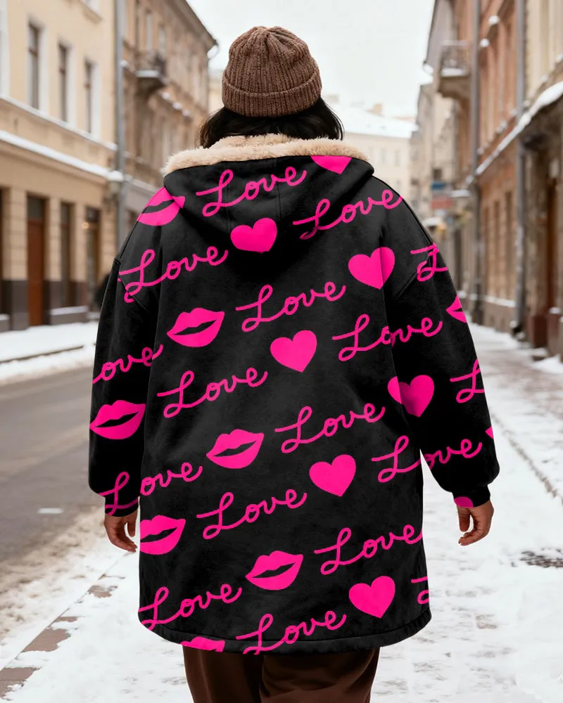 Women's Love Love Letter Printed Velvet Thickened Long Hooded Coat sold by Biggmans product image thumbnail 3
