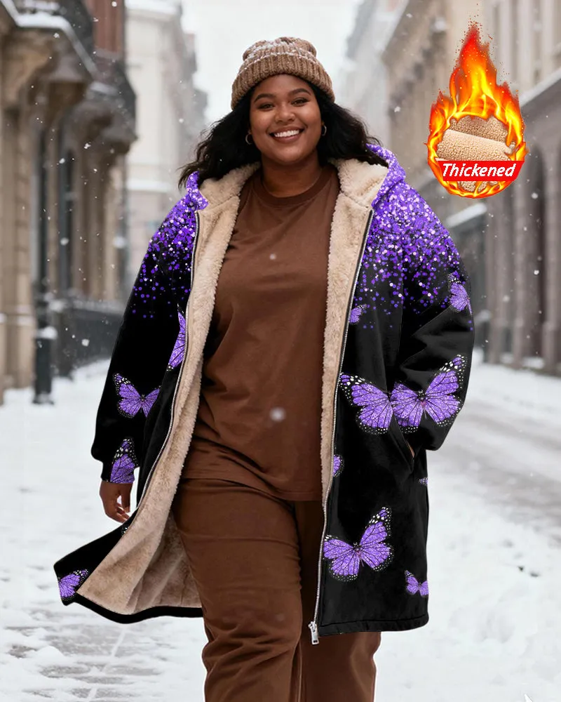 Women's Purple Gradient Butterfly Print Velvet Padded Long Hooded Coat sold by Biggmans