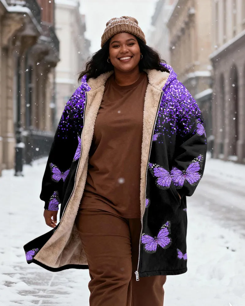 Women's Purple Gradient Butterfly Print Velvet Padded Long Hooded Coat sold by Biggmans product image thumbnail 2